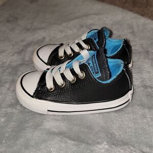 Converse All Stars Low Black Leather Blue Trim CTSA Shoes Baby Size 4